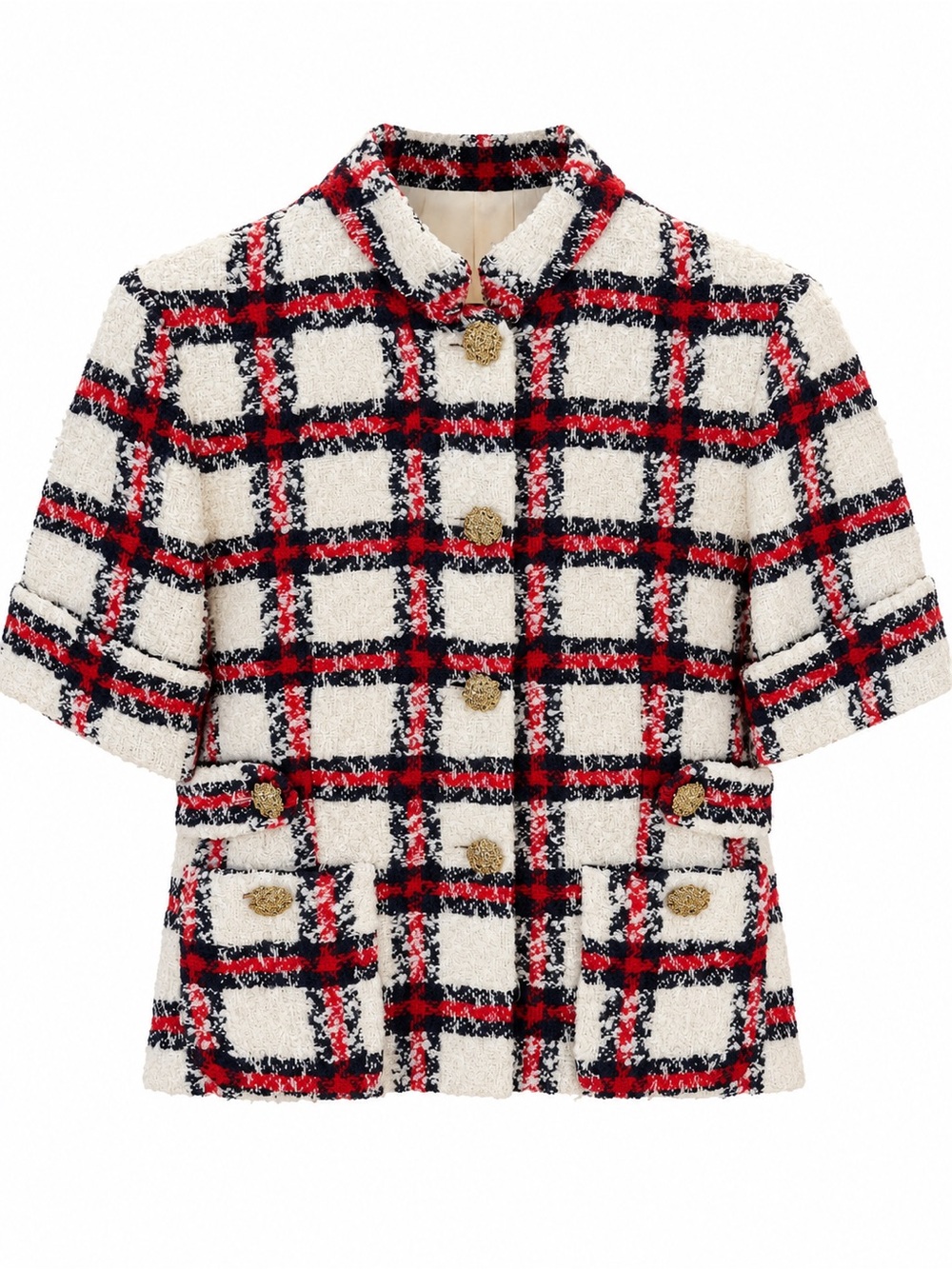 Gucci Cream, Red & Black Tweed Short-Sleeve Jacket